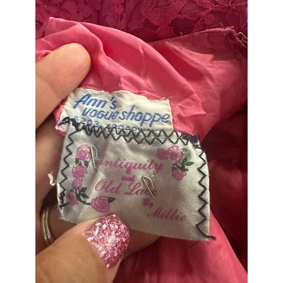 Vintage 50s Anns Vogue Shoppe Dress Small Midi Full Skirt Pink Lace Bubble - Picture 11 of 16